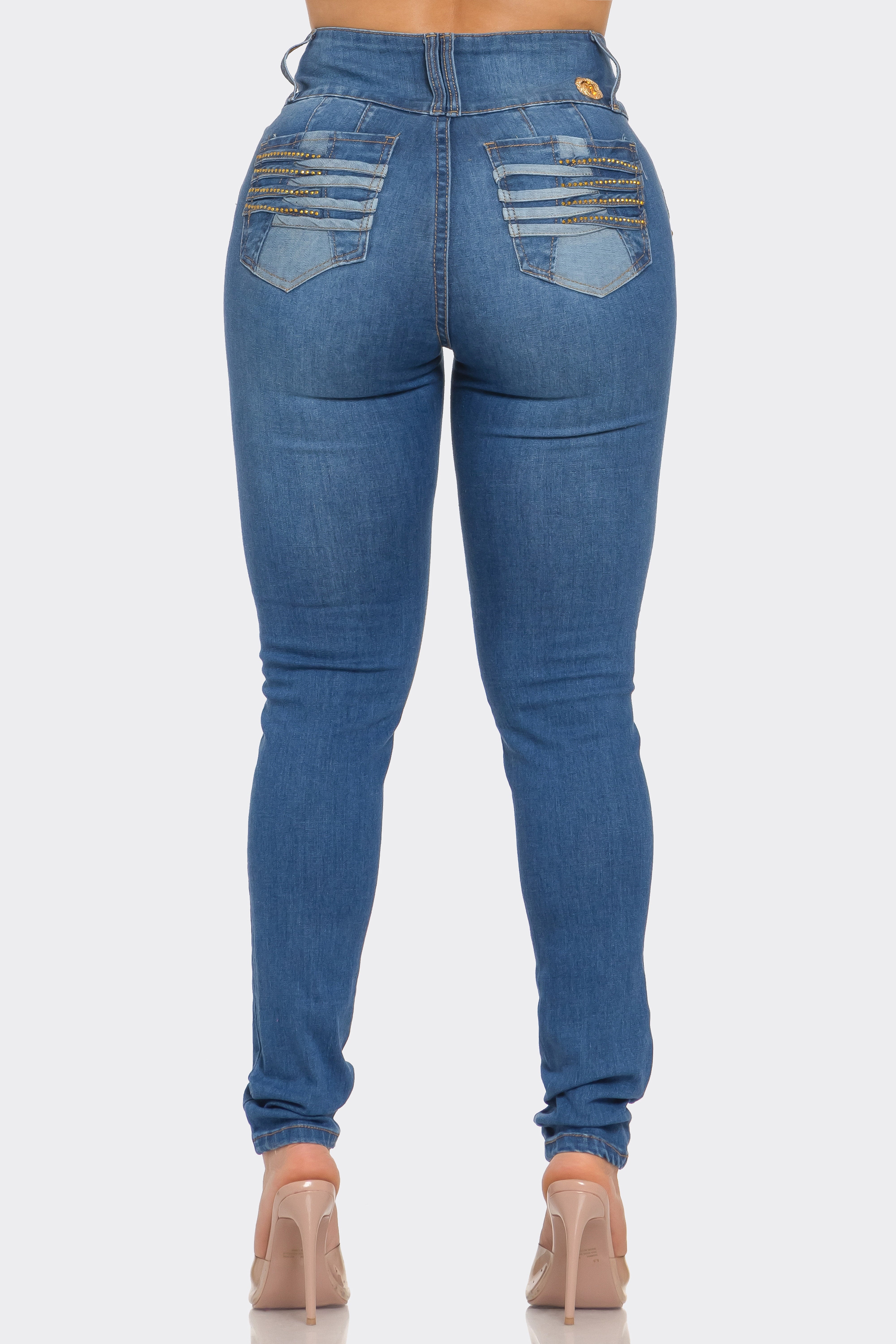Push-Up Colombian Skinny Jeans with Rhinestone Pocket Detail – Dark Blue