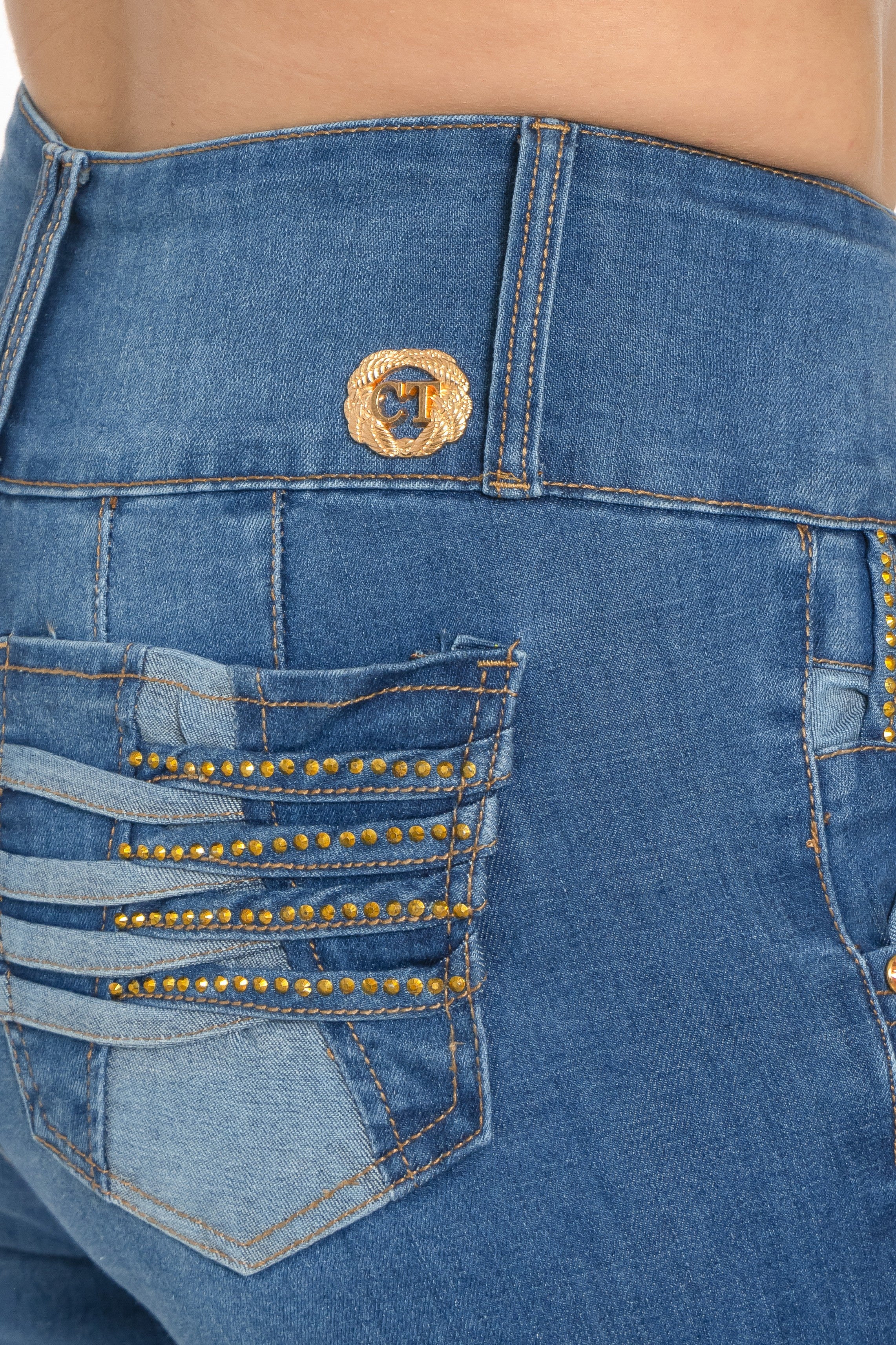 Push-Up Colombian Skinny Jeans with Rhinestone Pocket Detail – Dark Blue