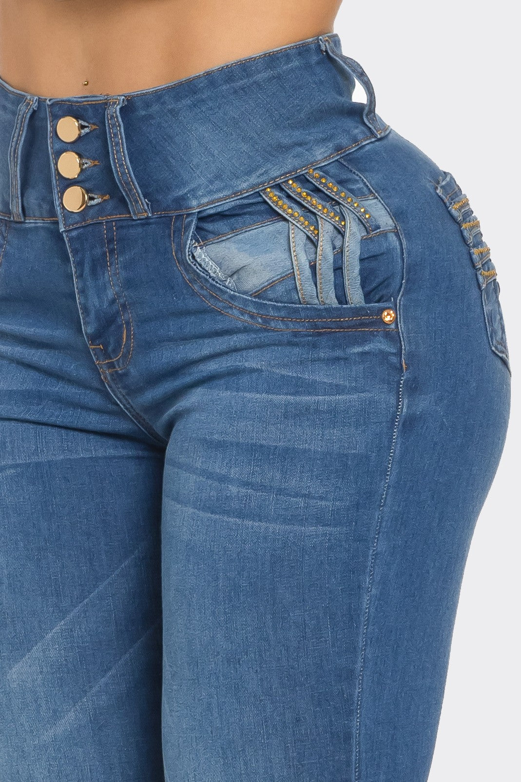 Push-Up Colombian Skinny Jeans with Rhinestone Pocket Detail – Dark Blue