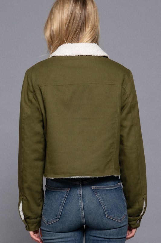 BUTTON CLOSURE SHERPA-LINED TWILL COTTON JACKET