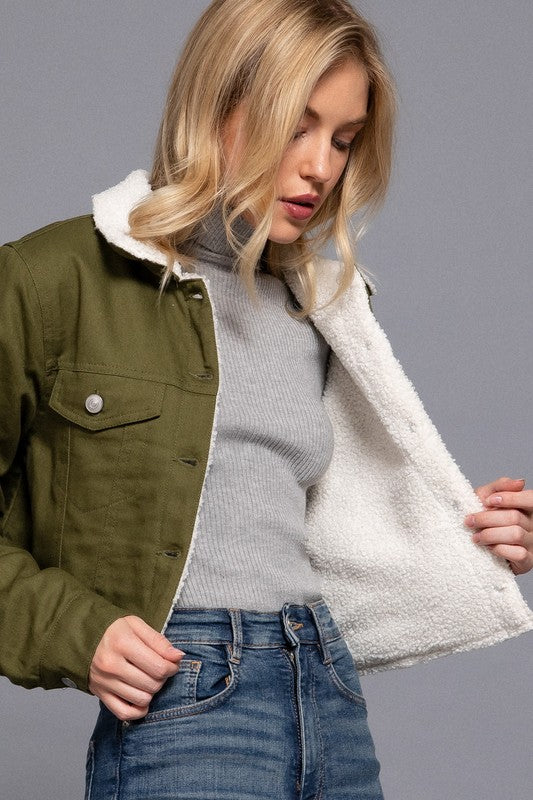 BUTTON CLOSURE SHERPA-LINED TWILL COTTON JACKET
