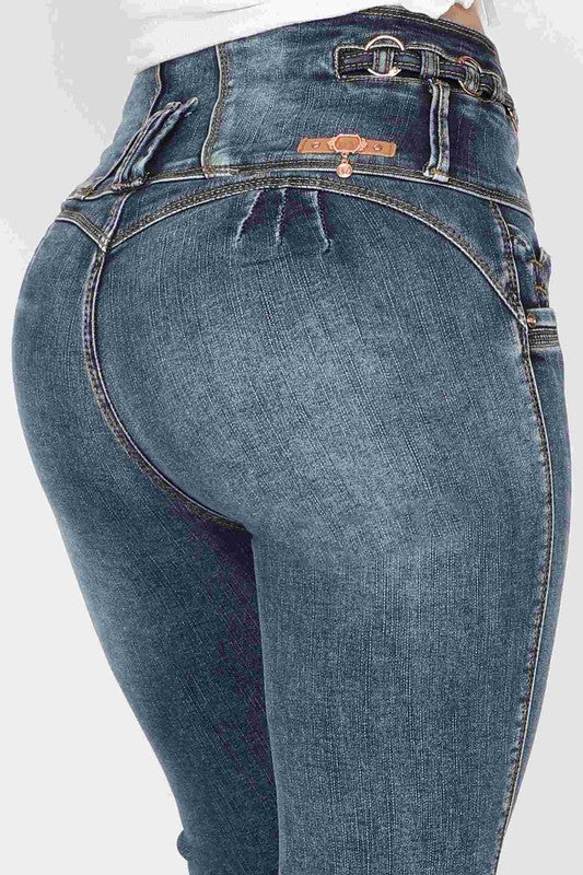 Colombian-Style High Rise Skinny Jeans with Double Belt & Chain – Dark Wash