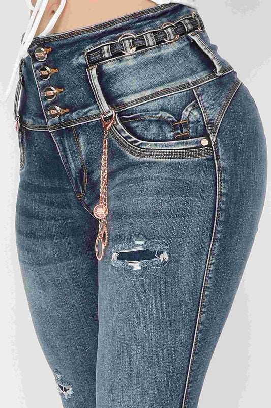 Colombian-Style High Rise Skinny Jeans with Double Belt & Chain – Dark Wash