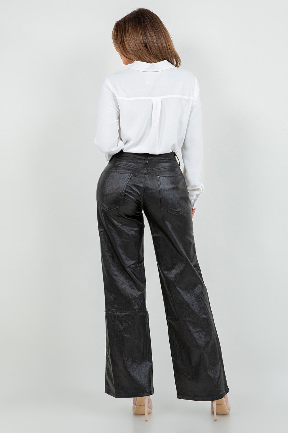 Metallic Straight Leg Pants with Heart Cut-Out – Black