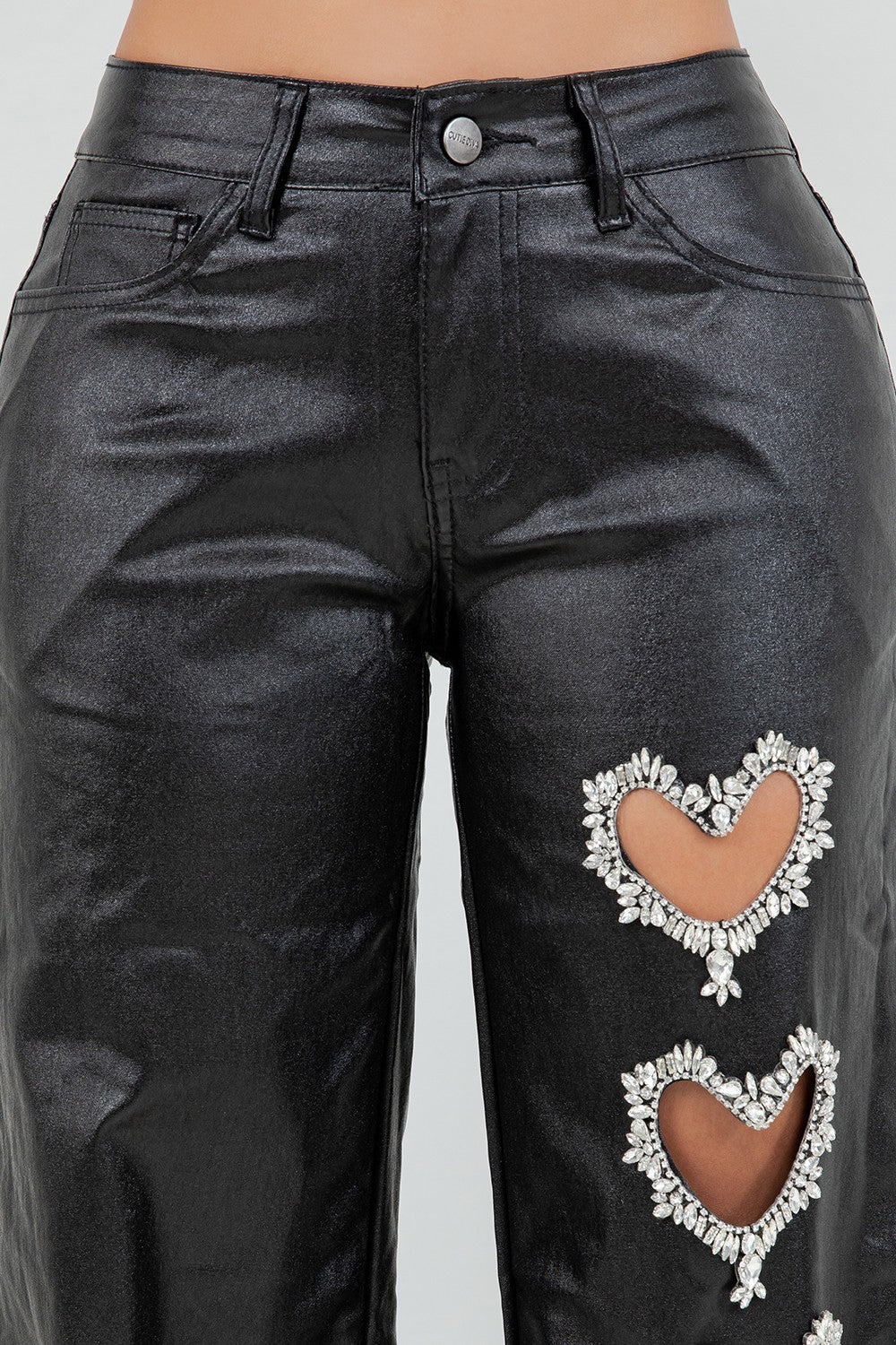 Metallic Straight Leg Pants with Heart Cut-Out – Black
