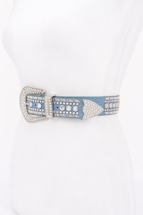Denim Rhinestone Studded Western Buckle Belt