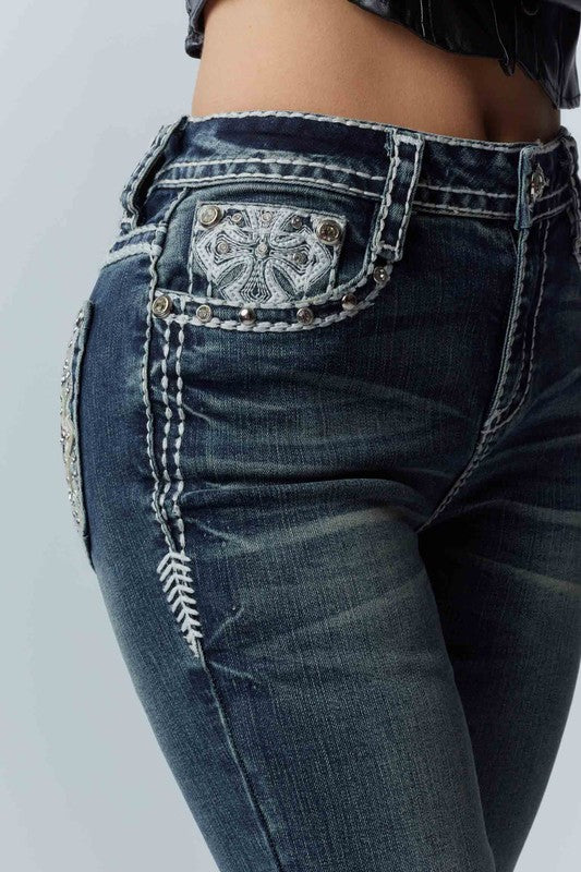 Crystal Cross Embroidered Bootcut Jeans – Dark Wash | Answer Me
