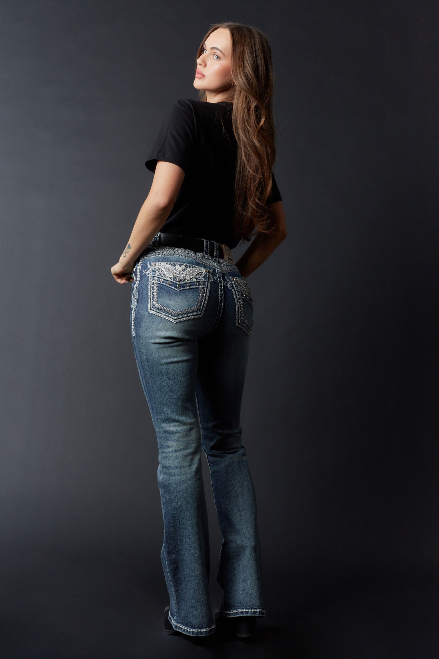 Denim Luxe – High-Rise Crystal Embroidered Bootcut Jeans by Answer Me