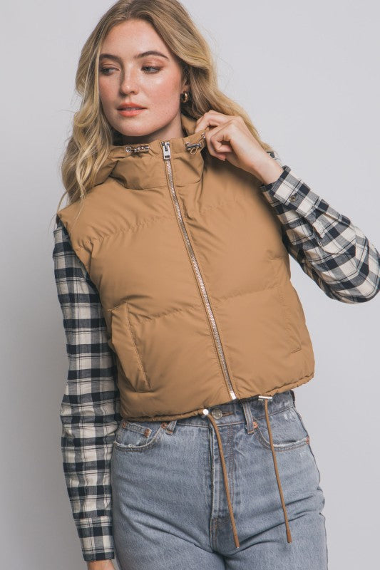 Cropped Puffer Vest with Hood & Adjustable Drawstrings