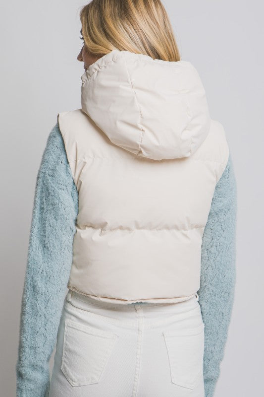 Cropped Puffer Vest with Hood & Adjustable Drawstrings
