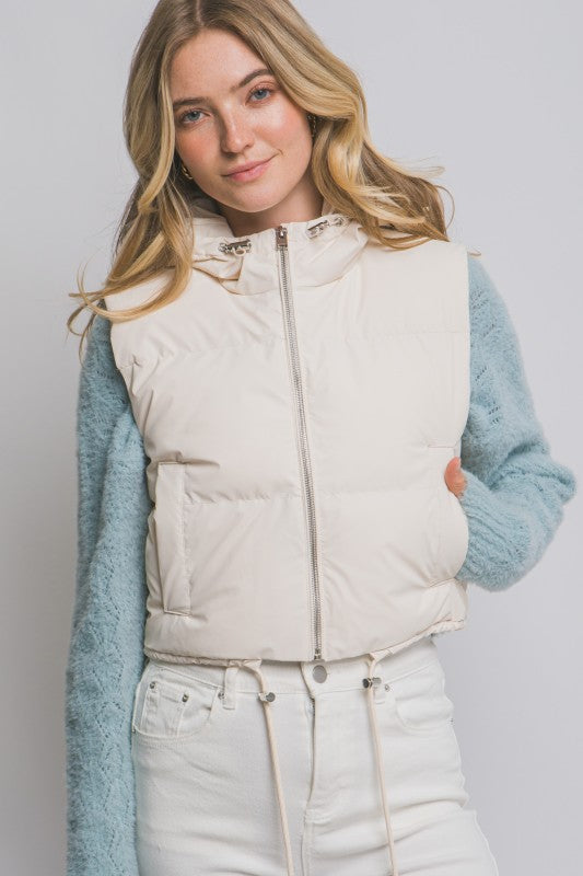 Cropped Puffer Vest with Hood & Adjustable Drawstrings