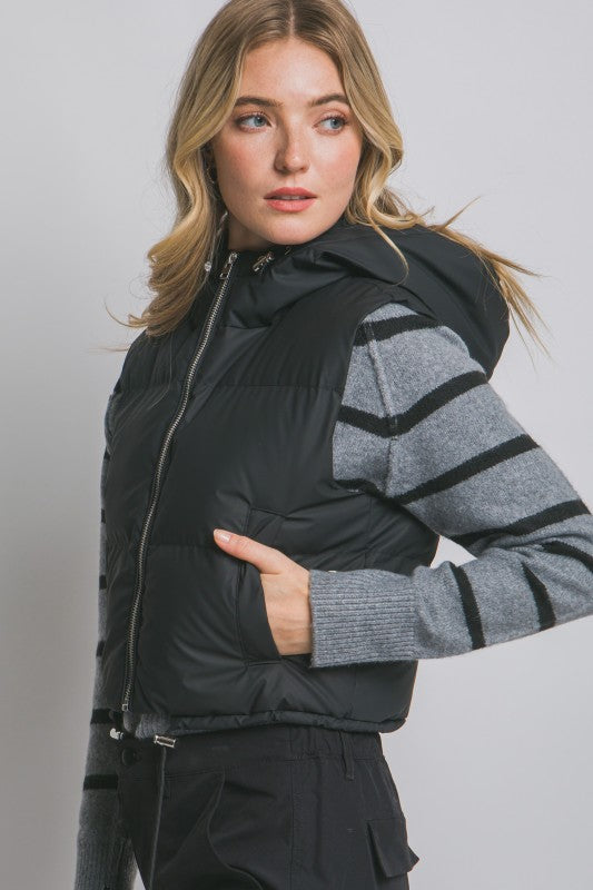 Cropped Puffer Vest with Hood & Adjustable Drawstrings
