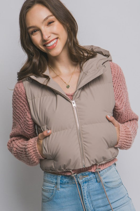 Cropped Puffer Vest with Hood & Adjustable Drawstrings