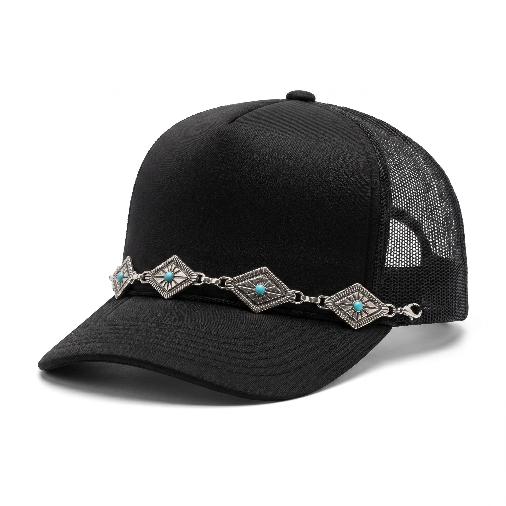 Silver & Turquoise Diamond Concho Trucker Hat Chain