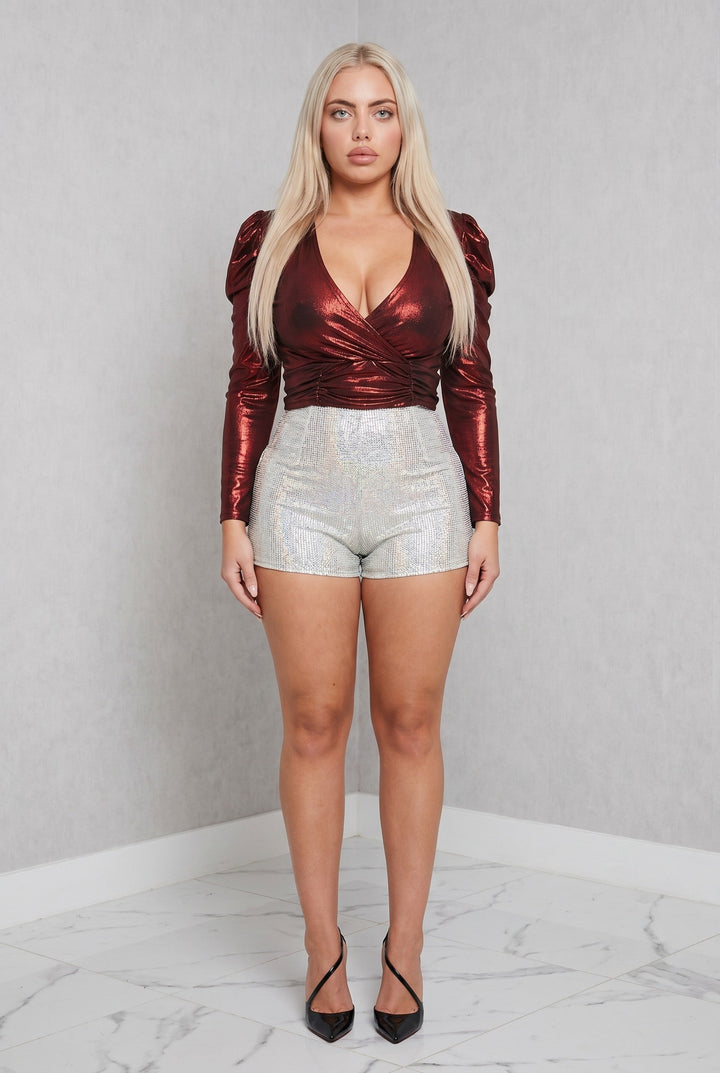 Metallic Surplice Puff Sleeve Bodysuit