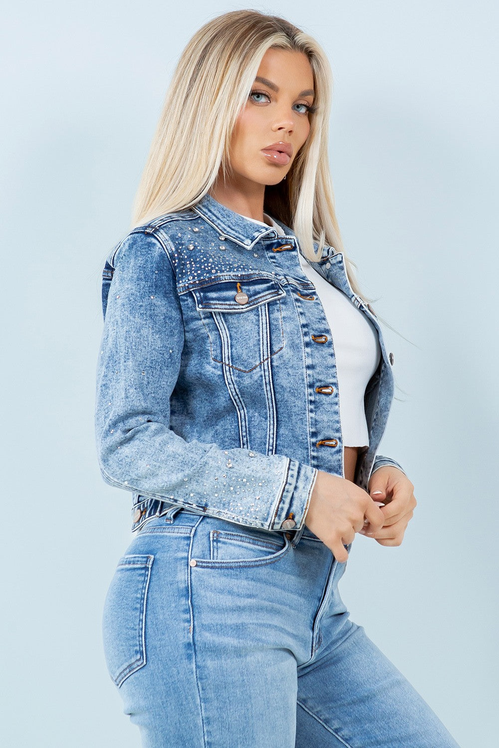 Embellished Denim Jacket with Rhinestone Detail – Acid Blue