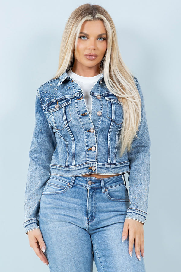 Embellished Denim Jacket with Rhinestone Detail – Acid Blue