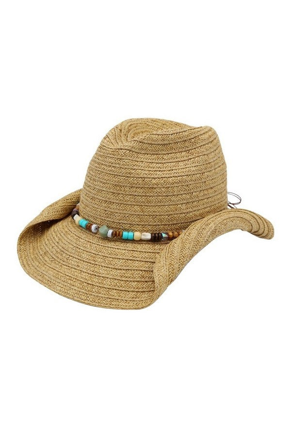 Beige straw hat with a beaded band on a white background