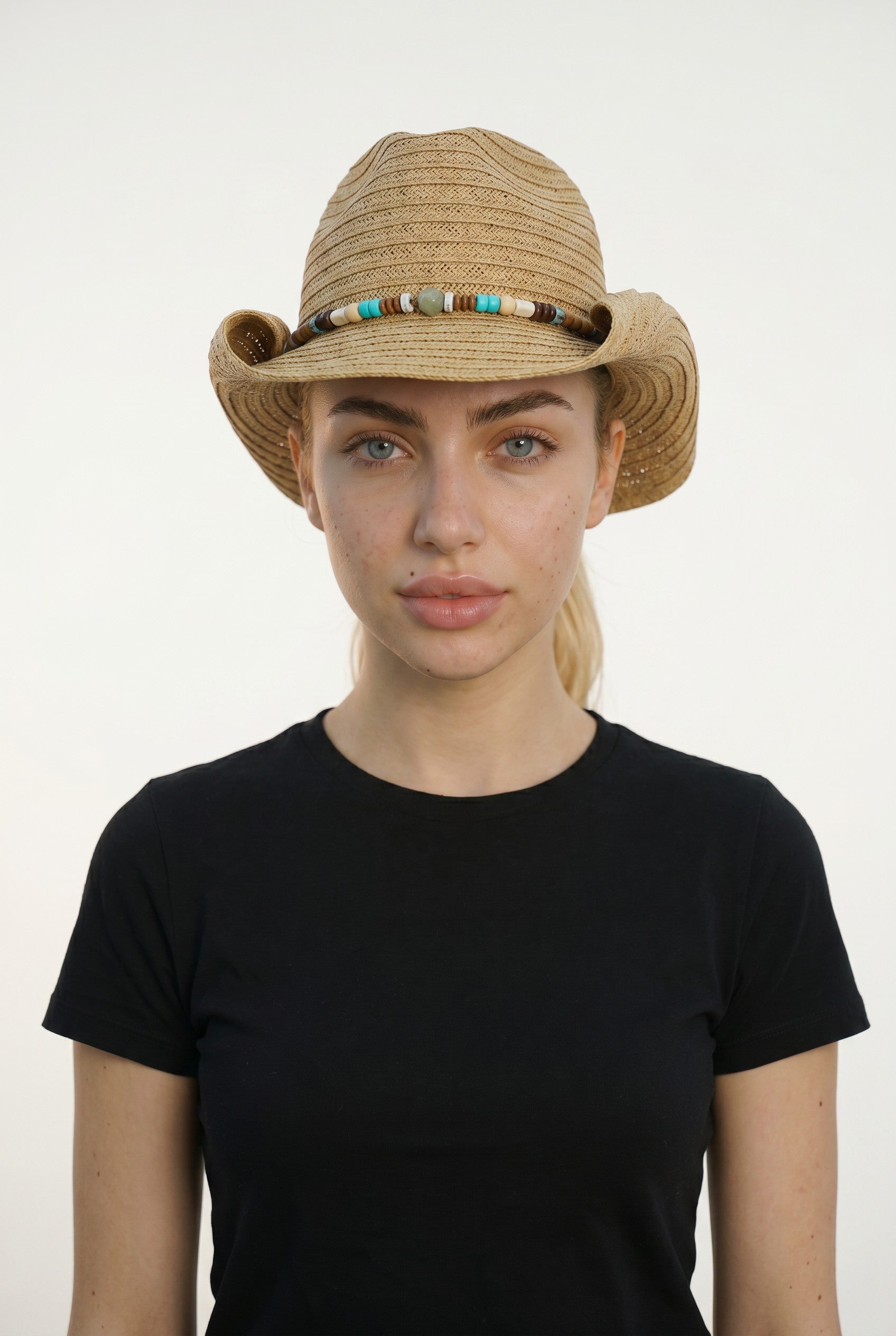 Boho Straw Cowboy Hat with Turquoise & Wood Beaded Band – Tan