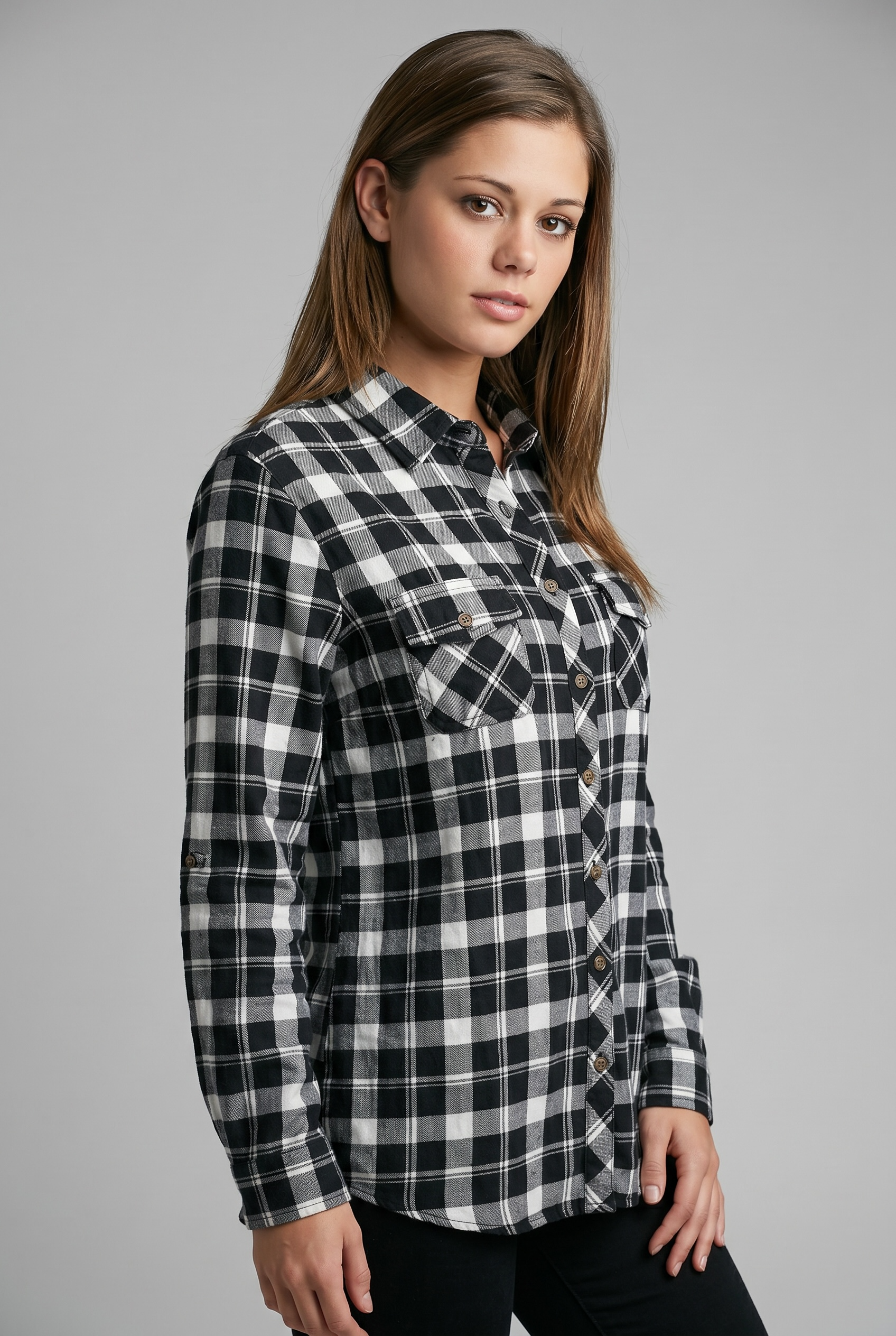 Black & White Plaid Button-Up Flannel Shirt