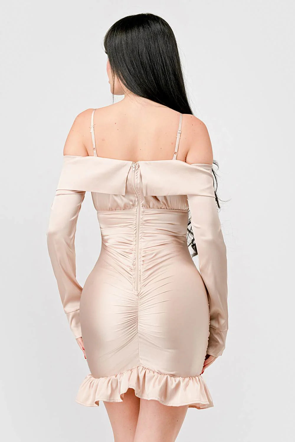 Off Shoulder Ruched Satin Mini Dress