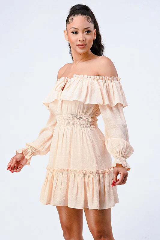 Off-Shoulder Ruffled Smocked Mini Dress