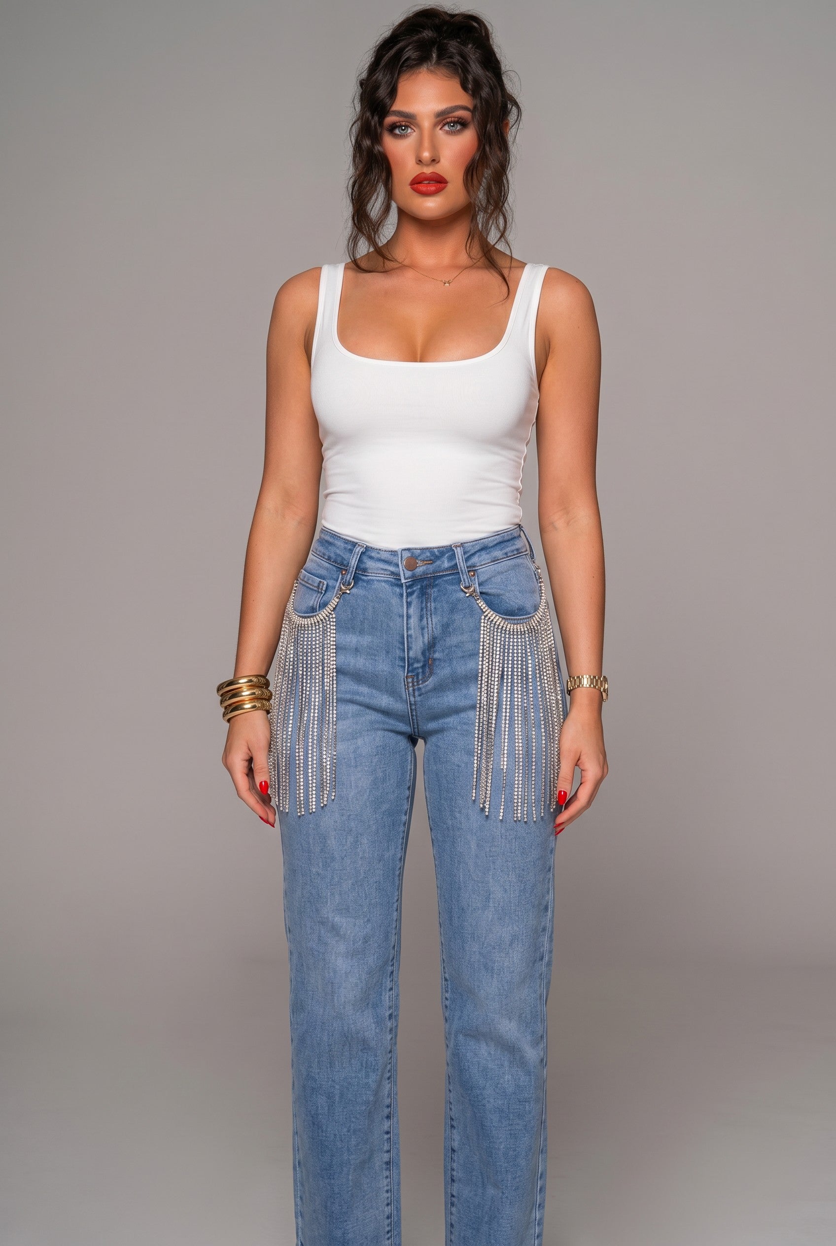 Light Wash Rhinestone Fringe Straight-Leg Jeans