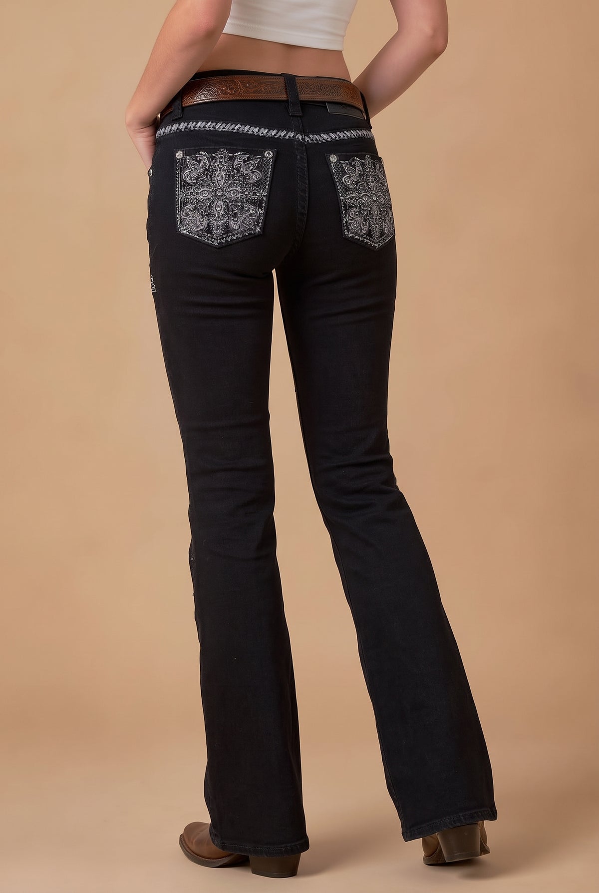 Full back view of Western Blue W268 black embroidered bootcut jeans