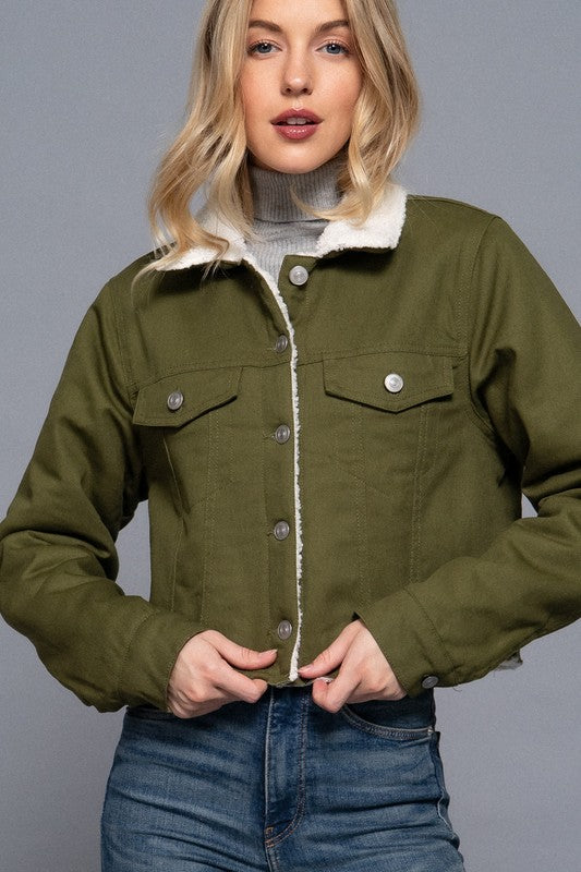 BUTTON CLOSURE SHERPA-LINED TWILL COTTON JACKET