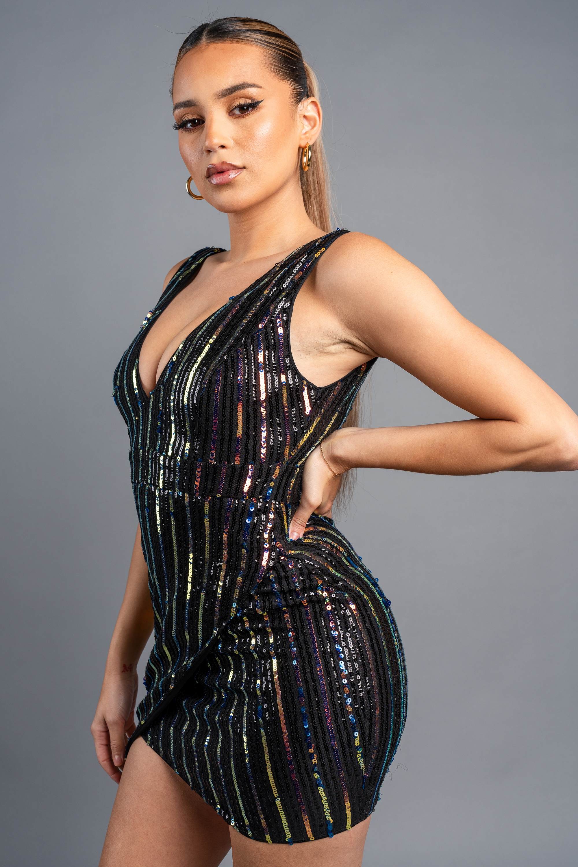 V-Neck Sequin Mini Dress