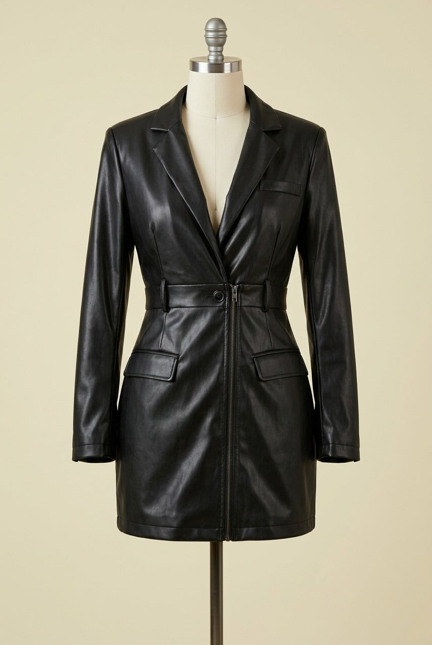 Black faux leather blazer dress on mannequin showing lapel, front zip and flap pockets