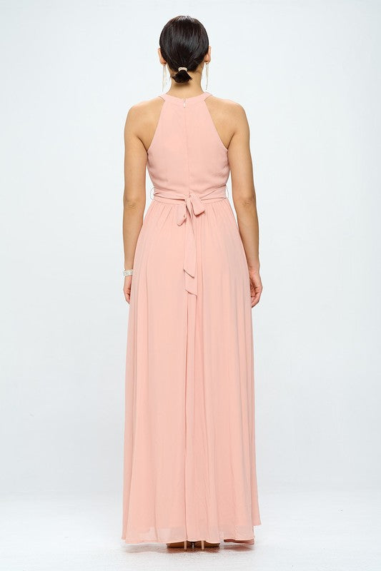 Rhinestoned Halter Neck Belted Slit Maxi Dress