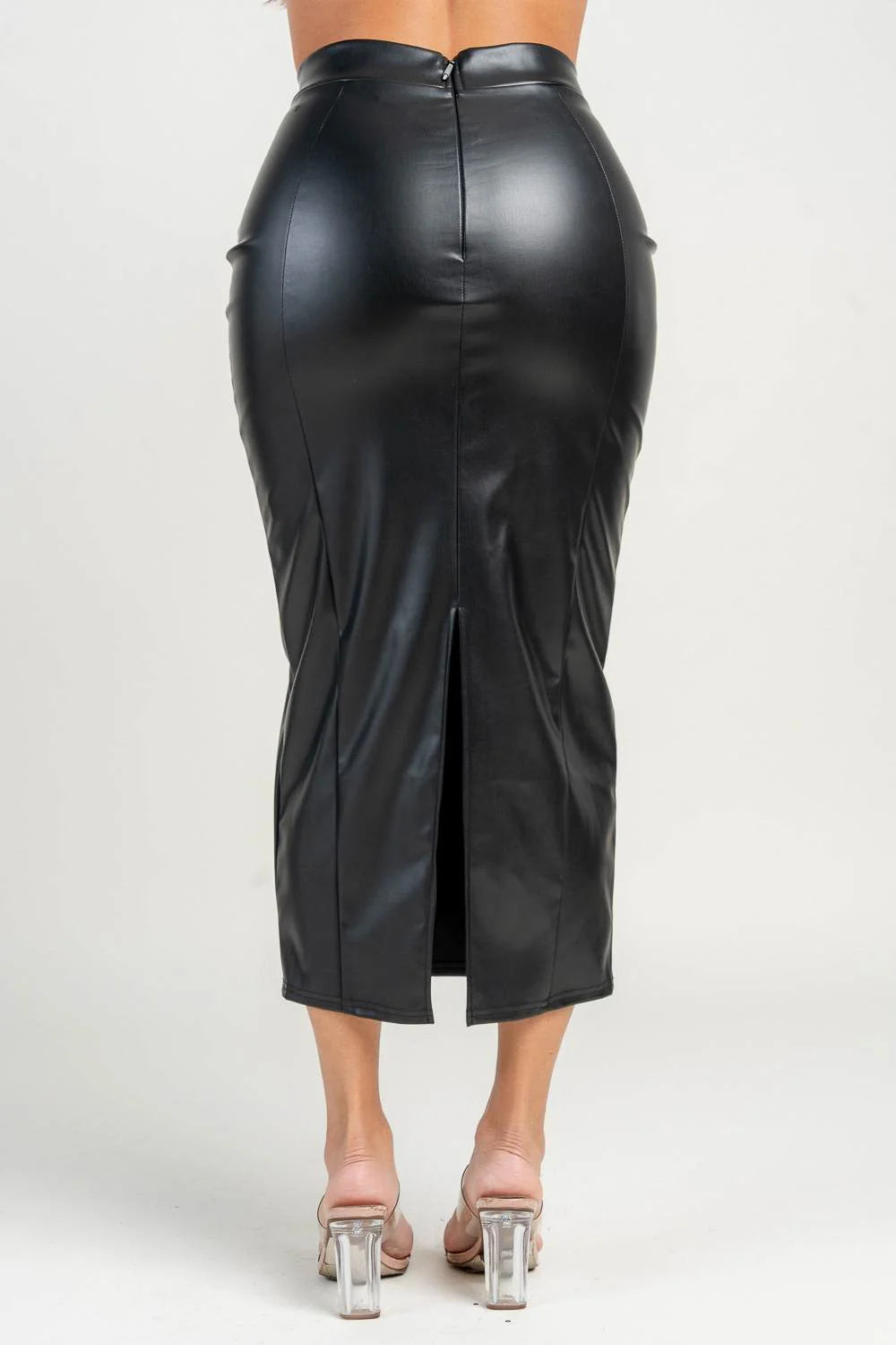 High Waisted Faux Leather Midi Skirt