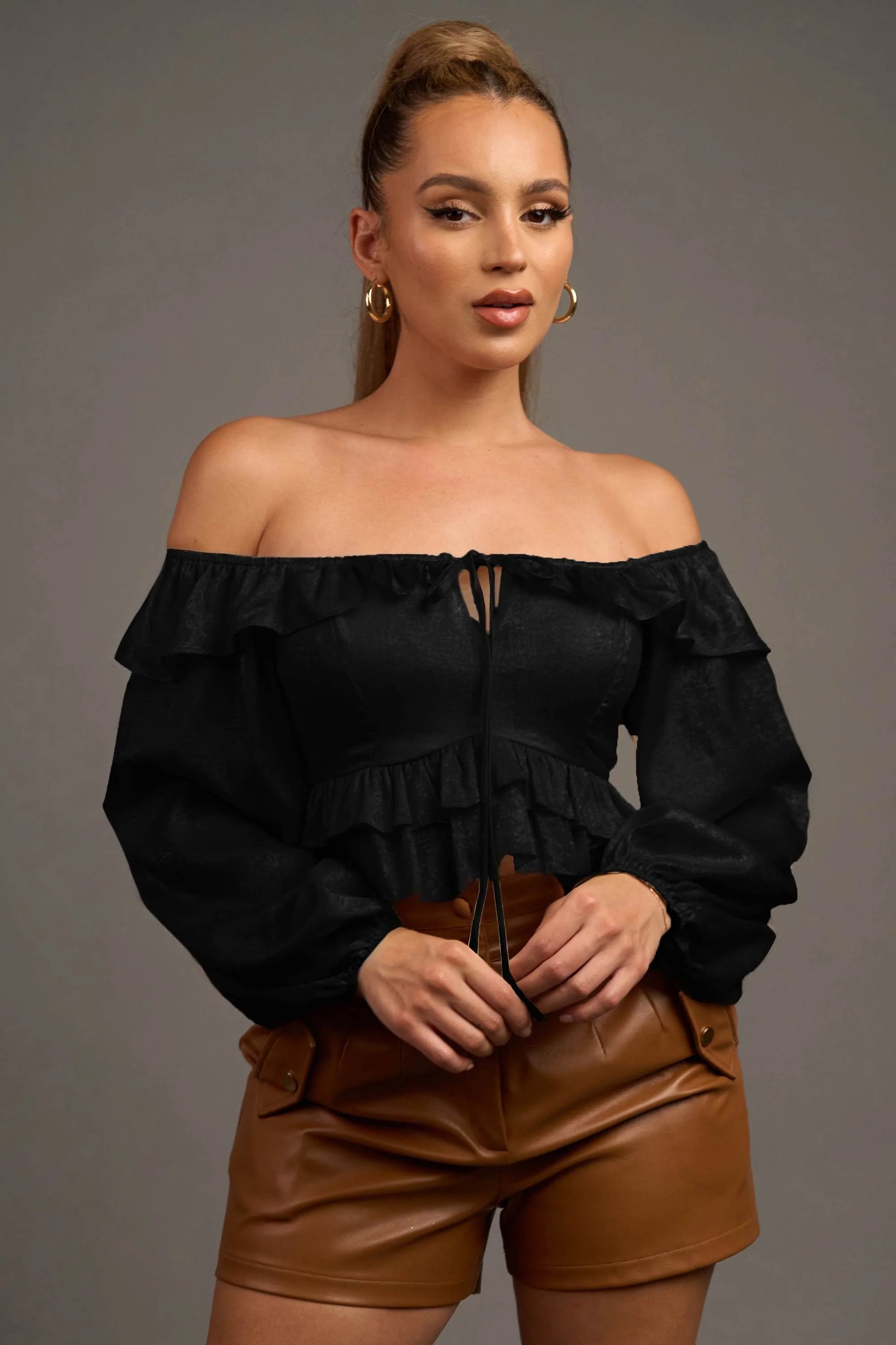Metallic Off-Shoulder Ruffled Crop Top