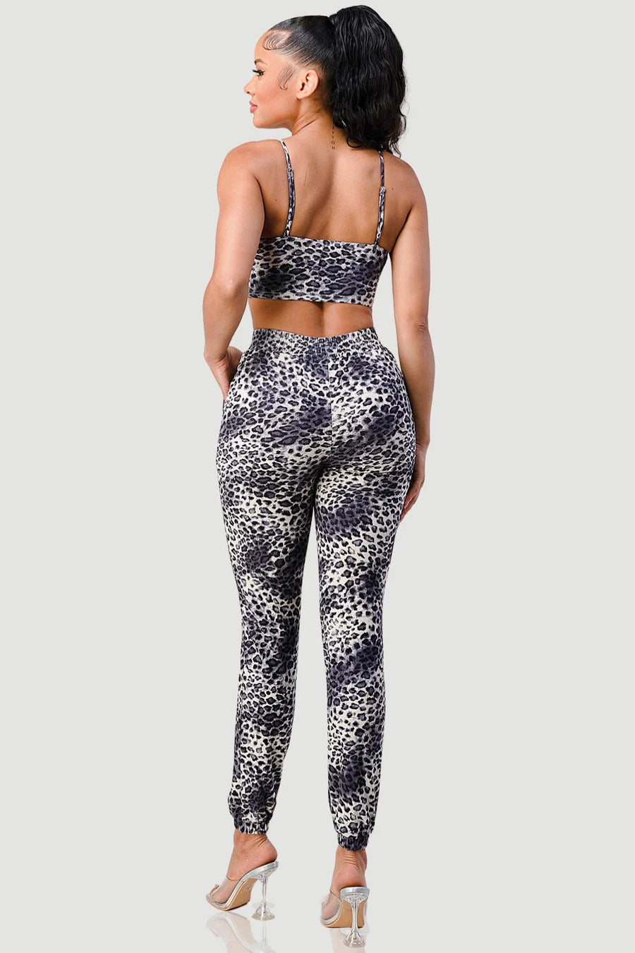 SEXY ANIMAL PRINT FRONT DRAWSTRING LACE-UP CROPPED TOP AND JOGGER PANTS SET