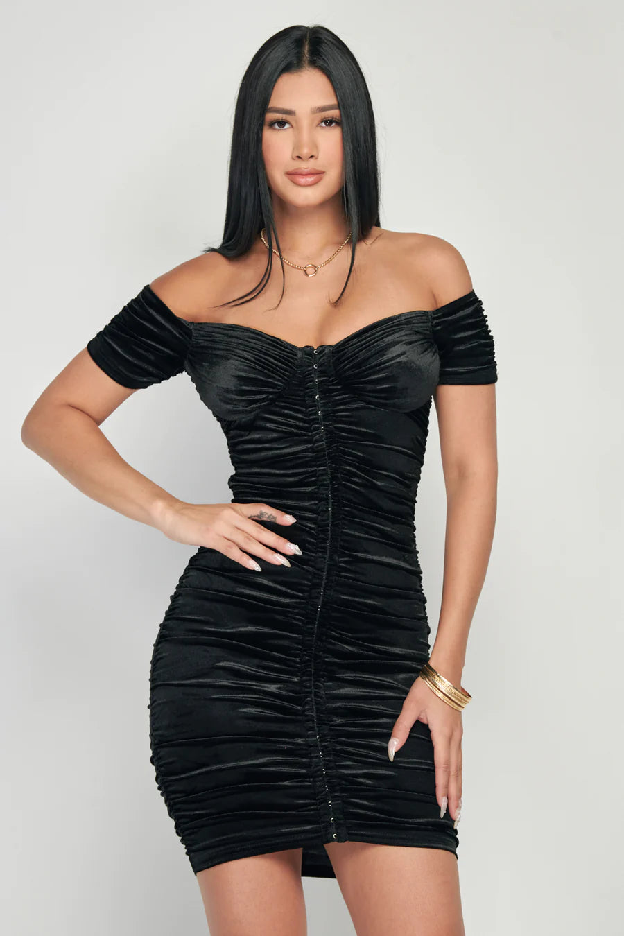 LUX SHINY VELVET OFF SHOULDER HOOKED RUCHED BODYCON MINI DRESS