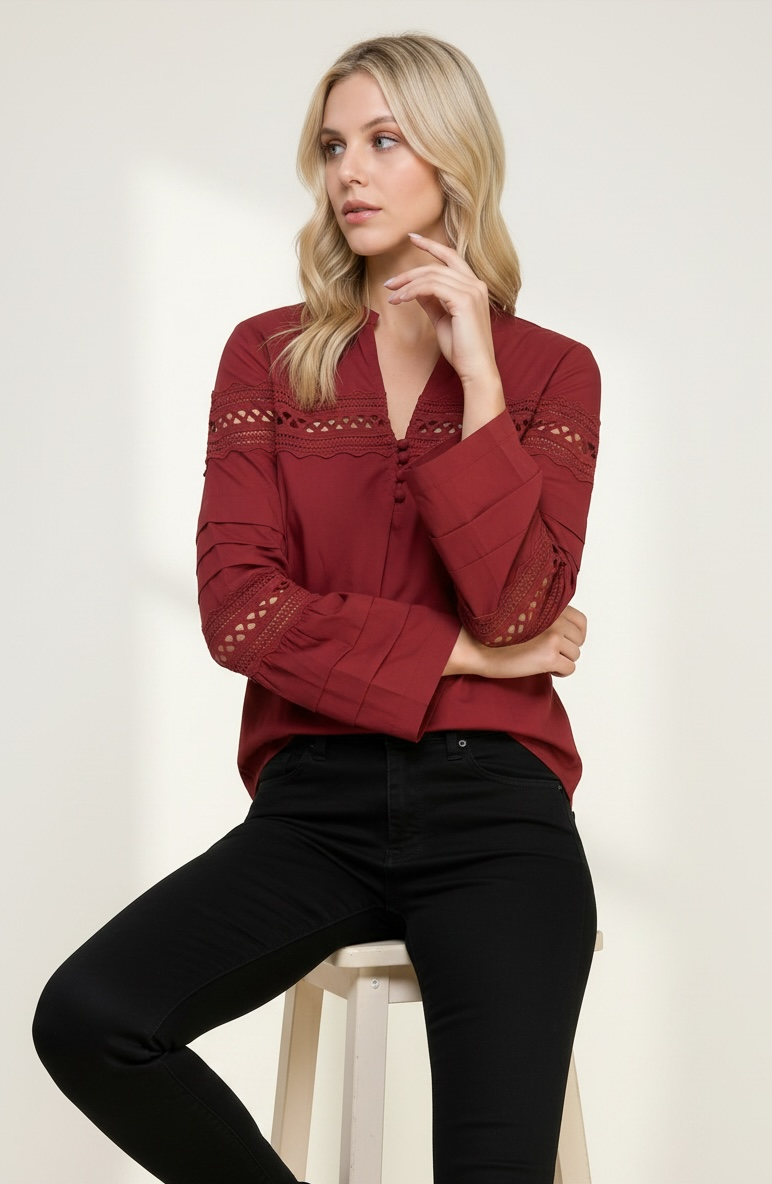 Lace Detail Bell Sleeve Blouse – Button Front V-Neck Top