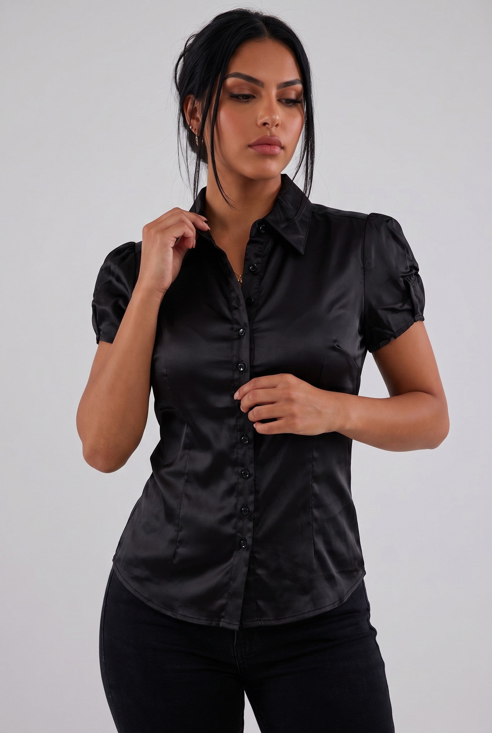 Satin Puff Sleeve Button-Up Blouse