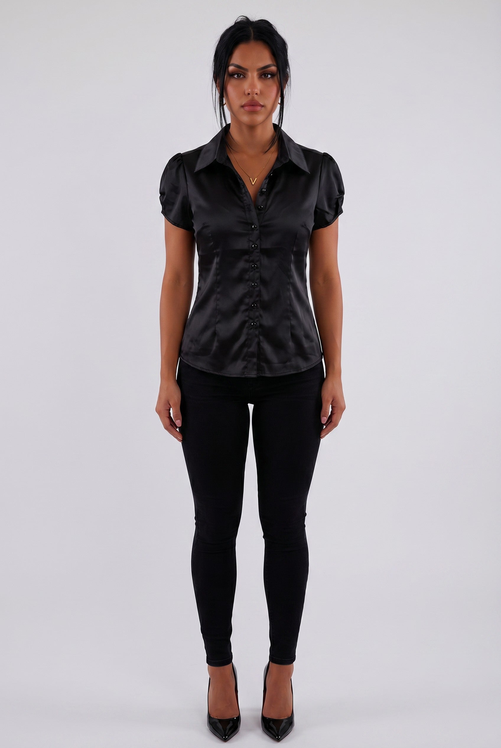 Satin Puff Sleeve Button-Up Blouse