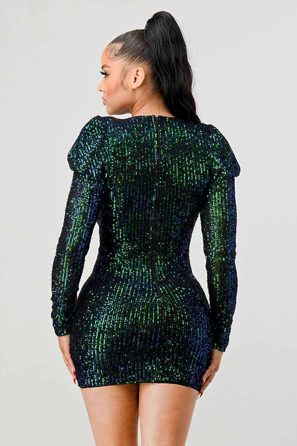 Sequin Bodycon Party Dress - Deep V-Neck & Gigot Sleeve