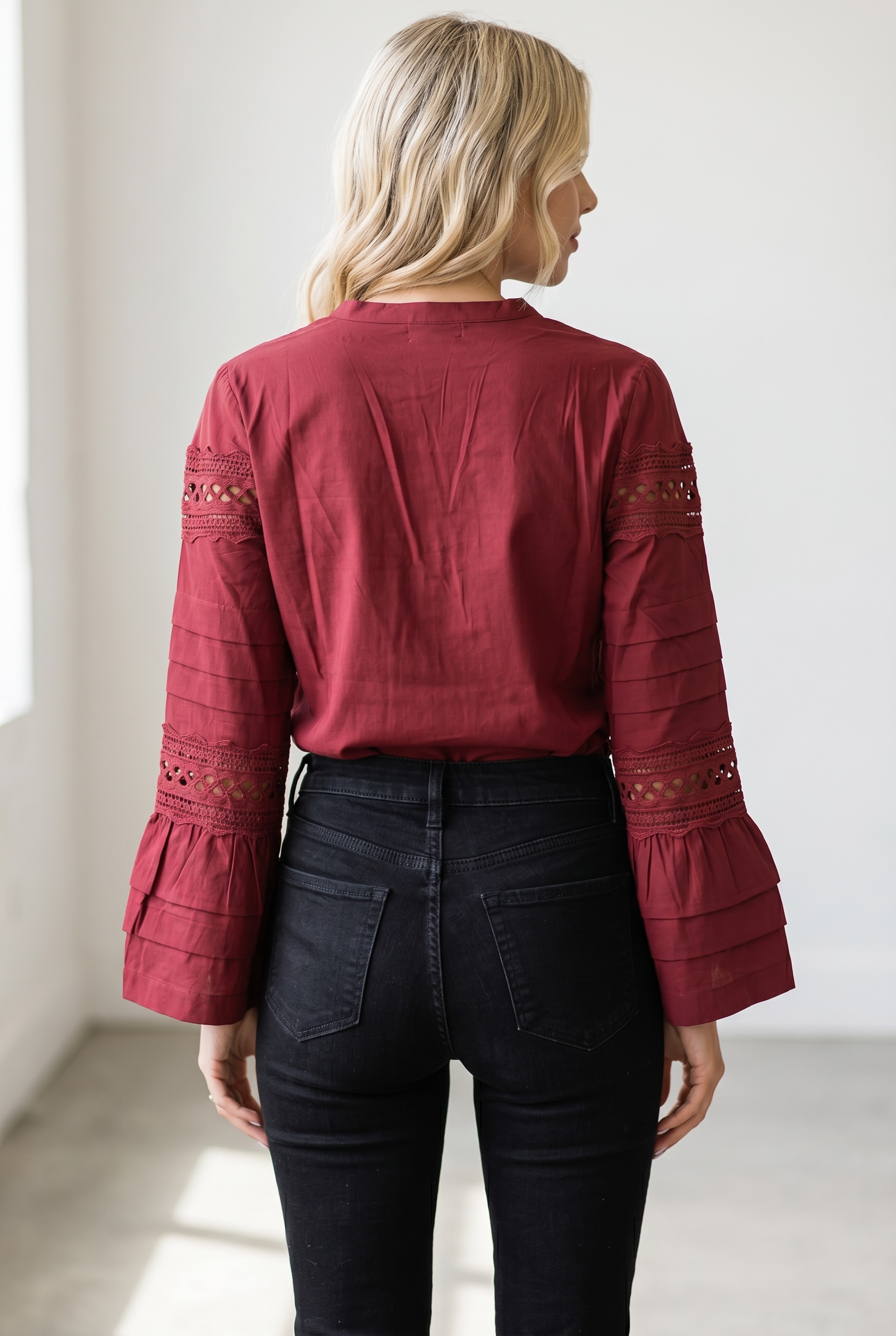 Lace Detail Bell Sleeve Blouse – Button Front V-Neck Top