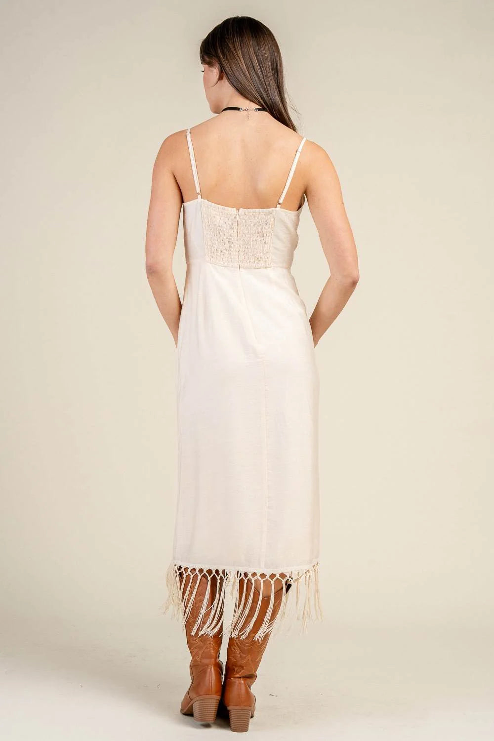 Floral Embroidered Fringe Hem Midi Dress