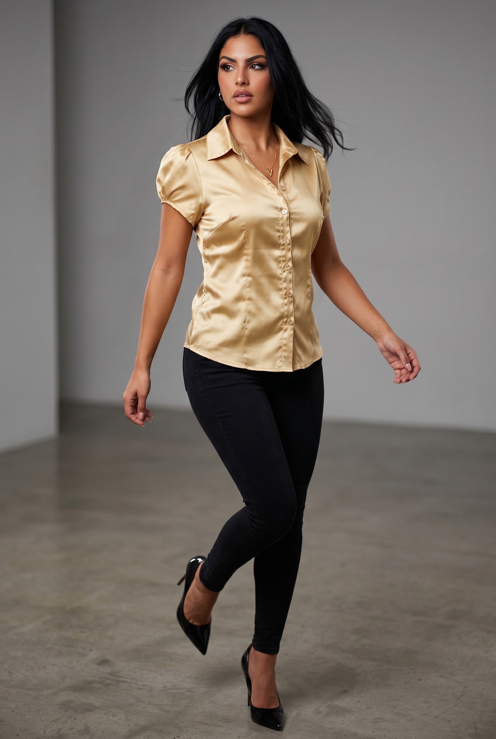 Satin Puff Sleeve Button-Up Blouse