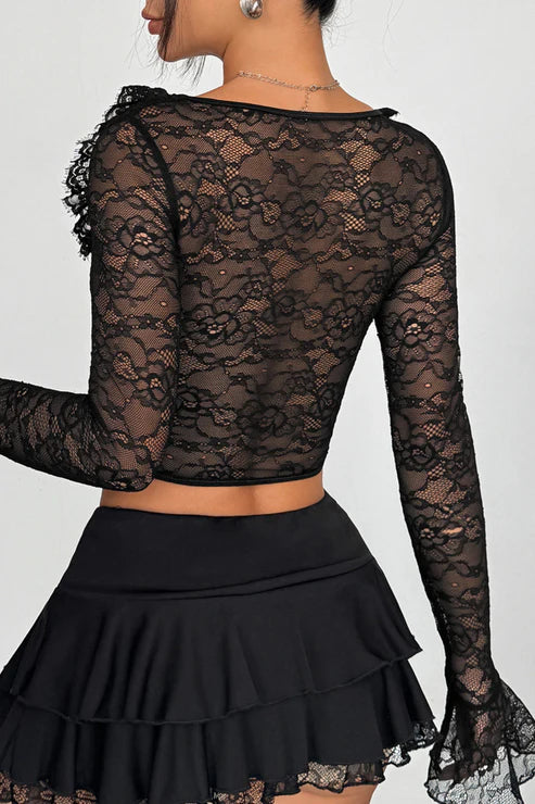 Romantic Ruffled Lace Long Sleeve Corset Top