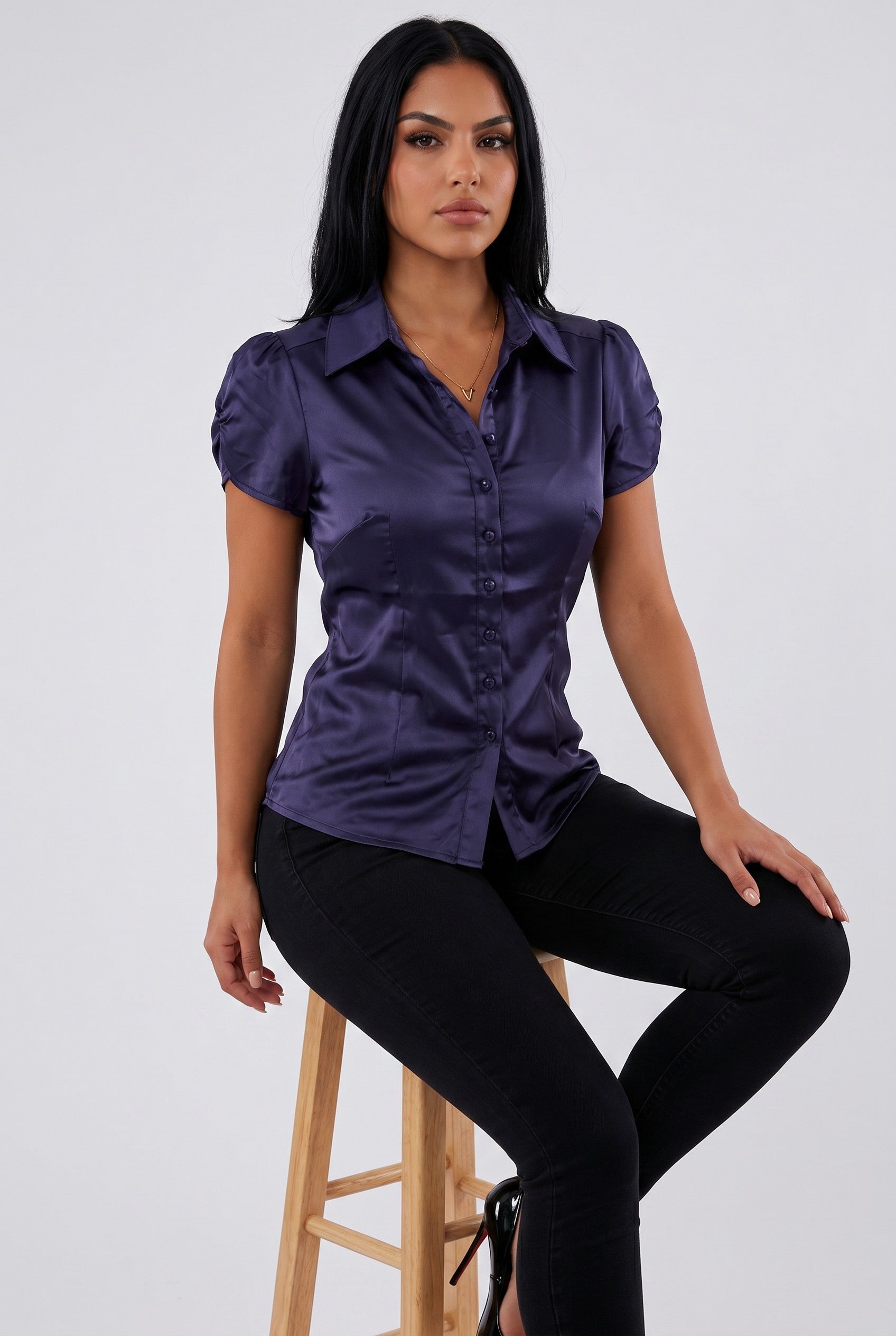 Satin Puff Sleeve Button-Up Blouse