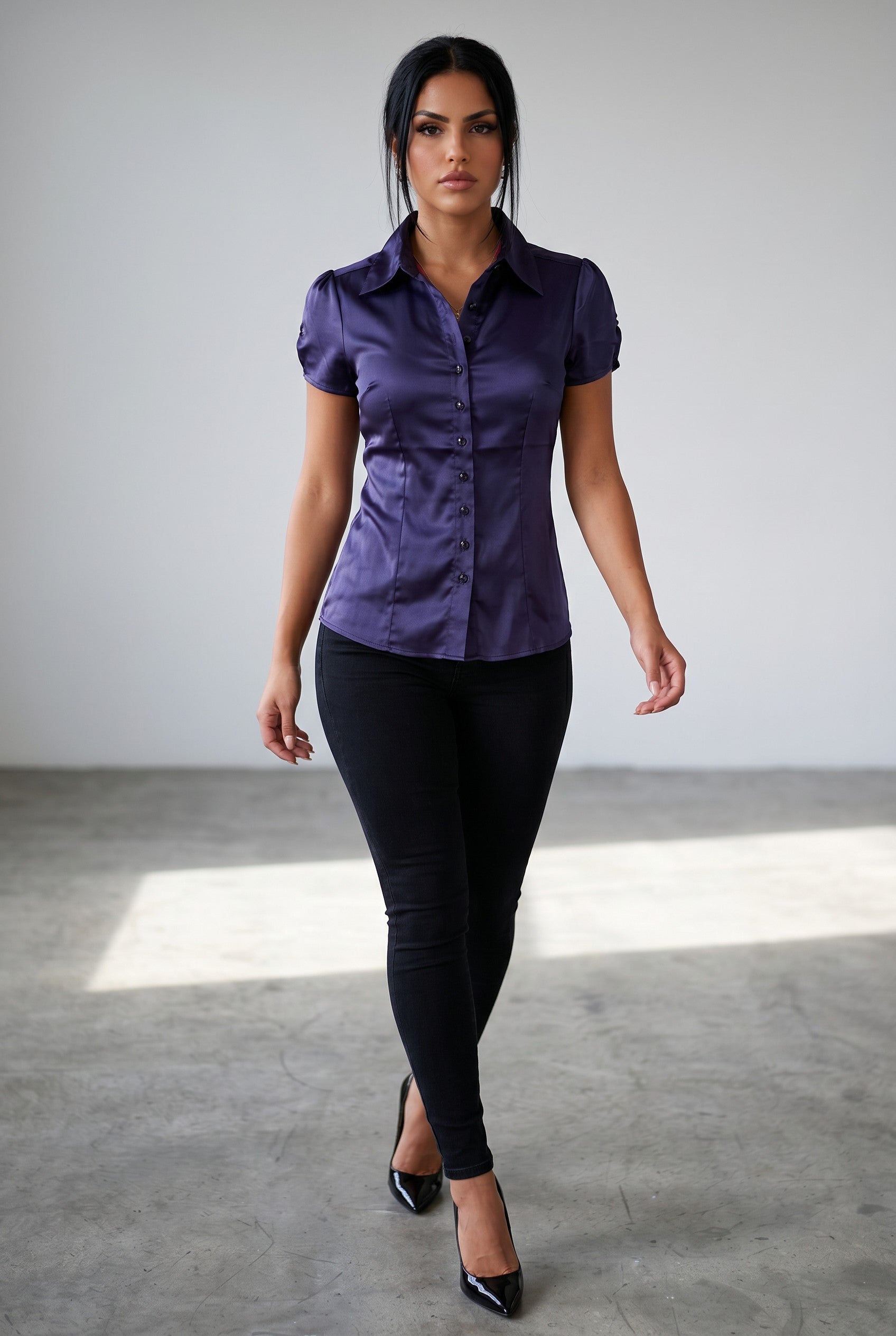 Satin Puff Sleeve Button-Up Blouse