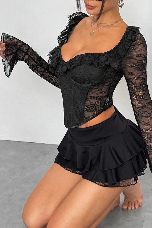 Romantic Ruffled Lace Long Sleeve Corset Top