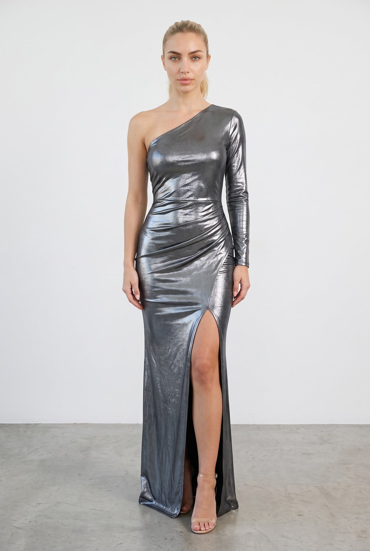 One-Shoulder Metallic Front-Slit Maxi Dress