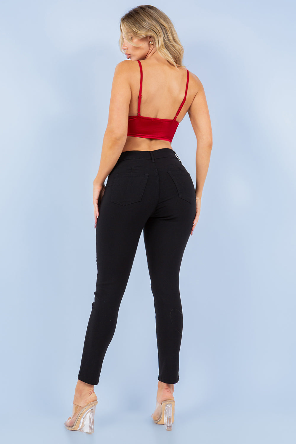 High-Rise Black Stretch Skinny Jeans with Classic Five-Pocket Design