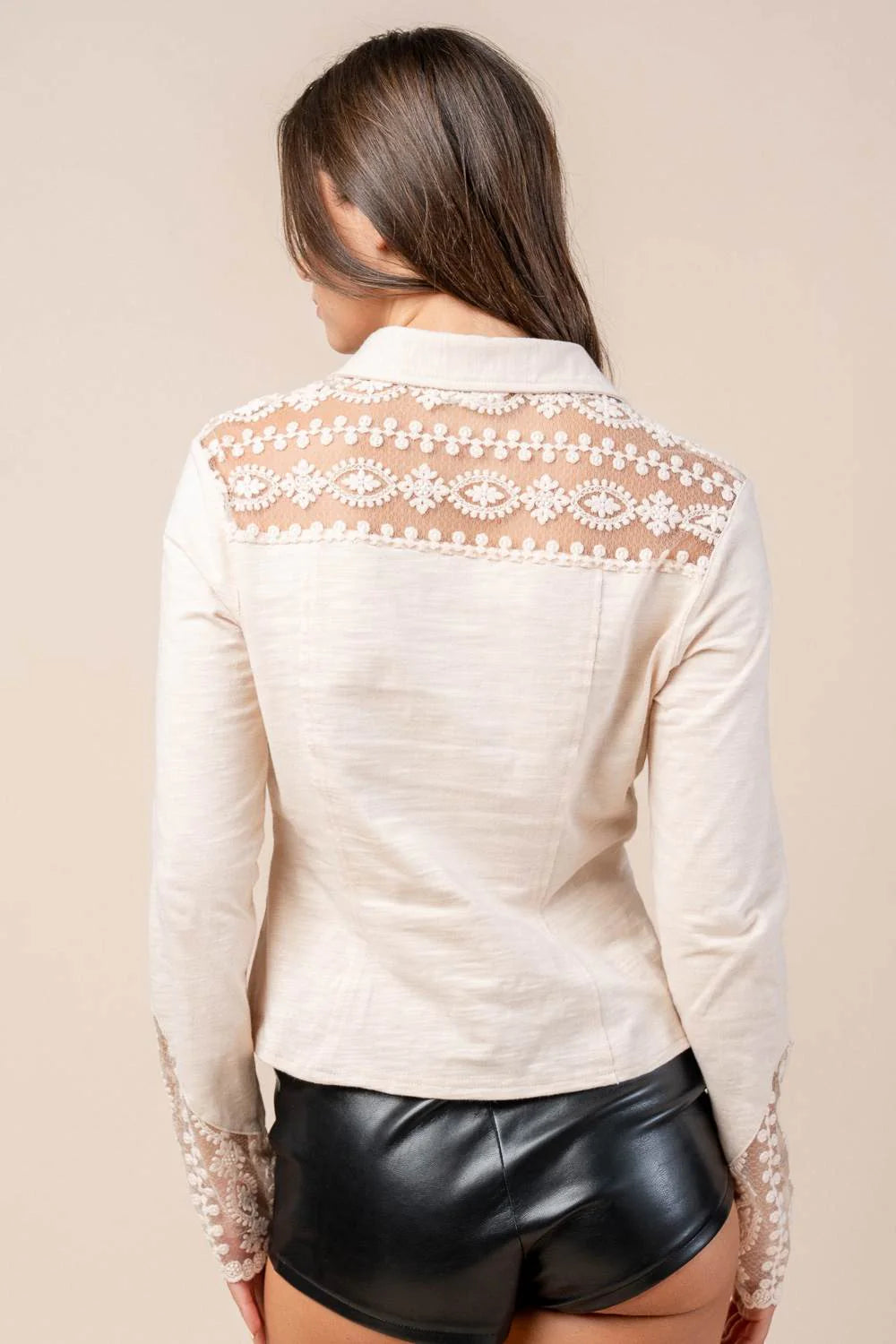 Lace Panel Button Down Knit Top